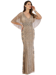 LARA New York Cape Sleeve V-Neck Beaded Gown