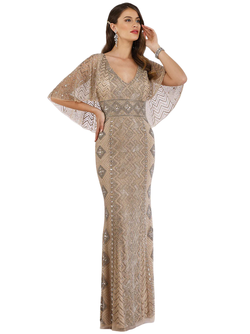 Lara New York Cape Sleeve V-neck Beaded Gown