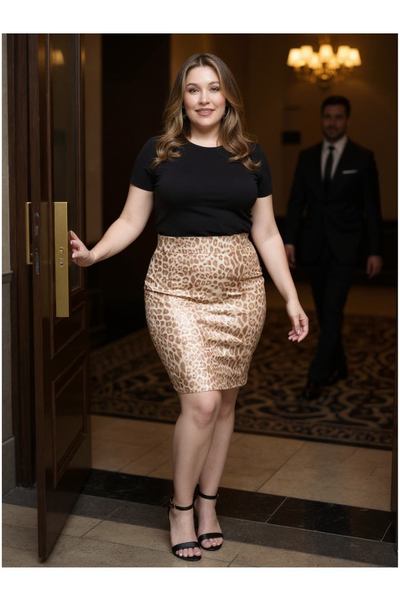 Plus Size Cheetah Elastic Waist Knee Length Pencil Skirt, Alternate, color, Brown Multi