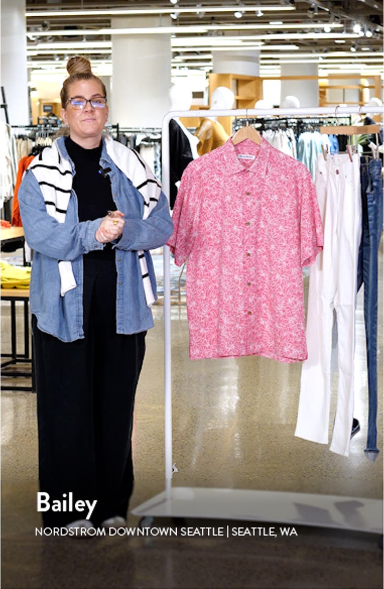 Hight Tide Hibiscus Print Short Sleeve Silk Button-Up Shirt, sales video thumbnail