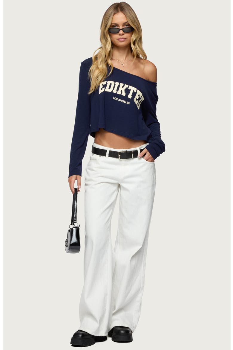 LA Babe Off the Shoulder Crop Graphic T-Shirt, Alternate, color, NAVY-AND-CREAM