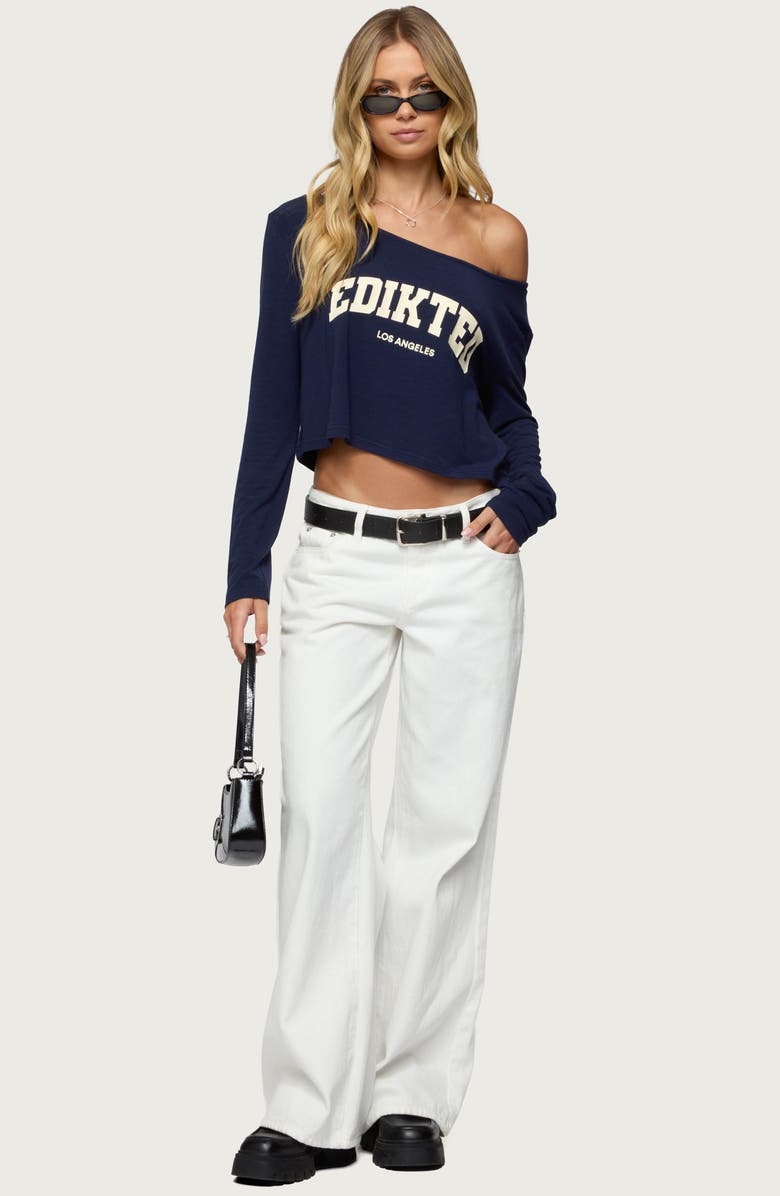 EDIKTED LA Babe Off the Shoulder Crop Graphic T-Shirt, Alternate, color, Navy-And-Cream