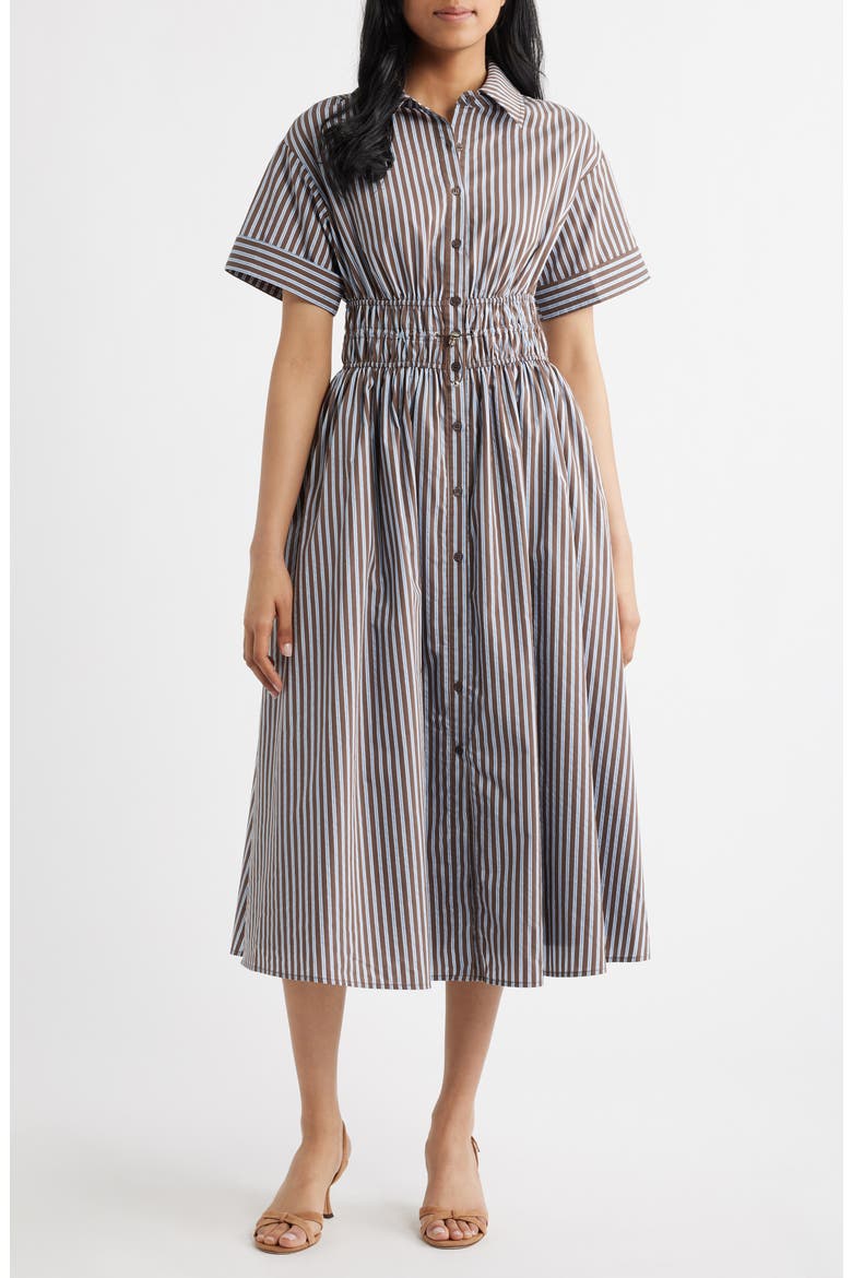 Stripe Short Sleeve Cotton Blend Midi Shirtdress, Main, color, BROWN BLUE