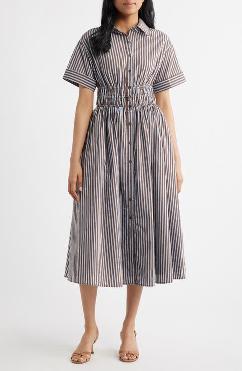 Stripe Short Sleeve Cotton Blend Midi Shirtdress