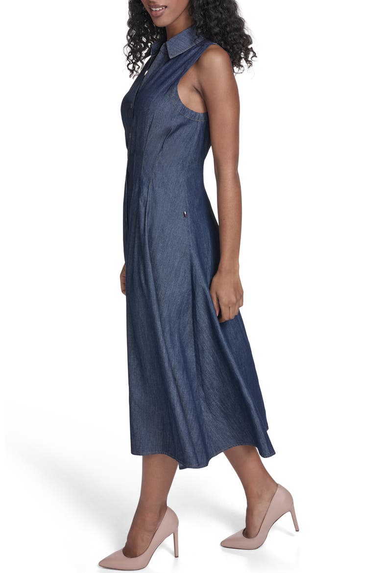 Sleeveless Cotton Blend Chambray Shirtdress, Alternate, color, DARK WASH
