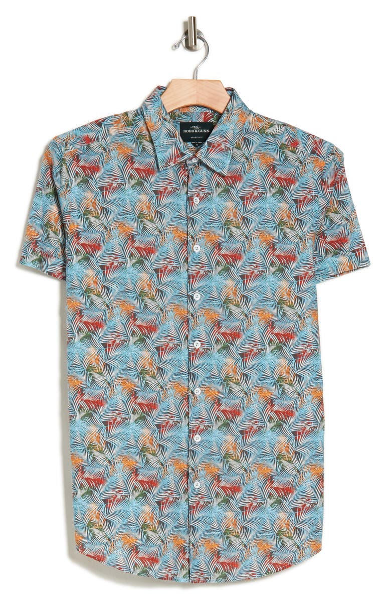 Rodd & Gunn Front Print Short Sleeve Linen & Cotton Button-Up Shirt, Alternate, color, Turquoise