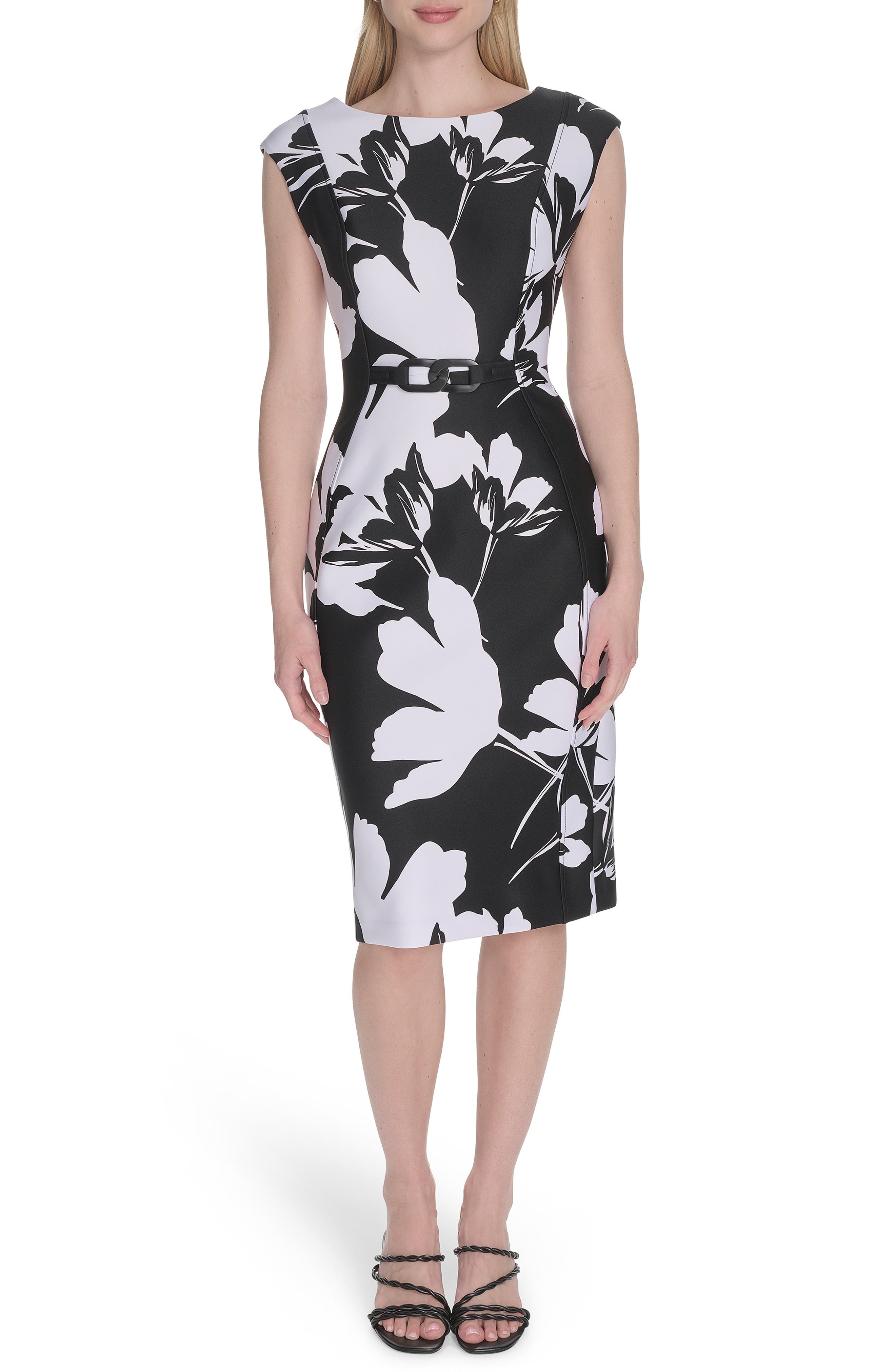 Calvin Klein Floral Print Chain Belt Sheath Dress