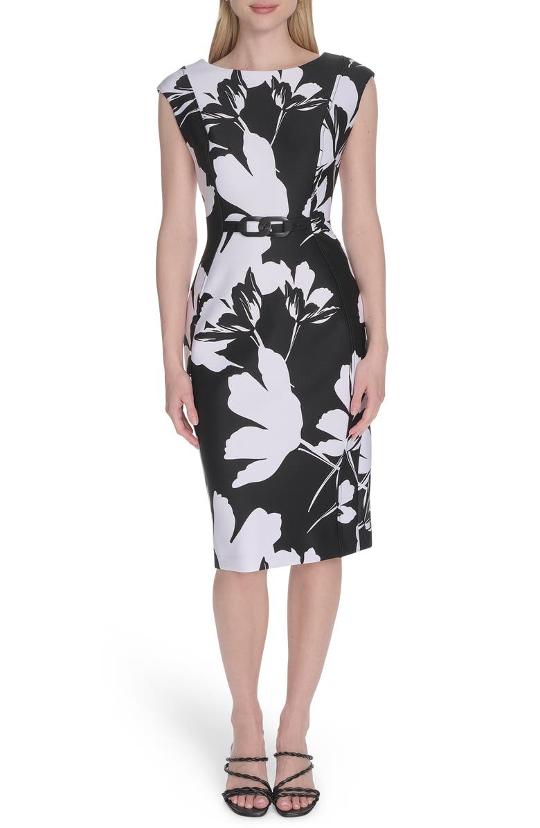 Calvin Klein Floral Print Chain Belt Sheath Dress, Main, color, Black/ White