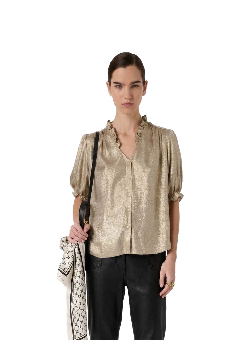 Ruffle V-Neck Soft Puff Sleeves Shirt, Main, color, Yellow
