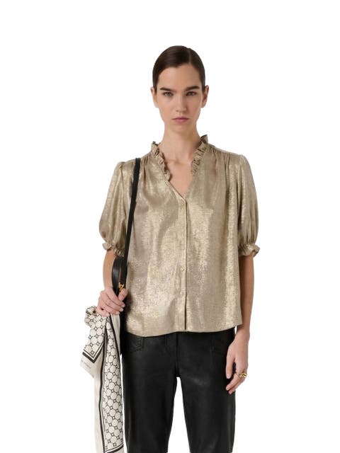 Ruffle V-Neck Soft Puff Sleeves Shirt