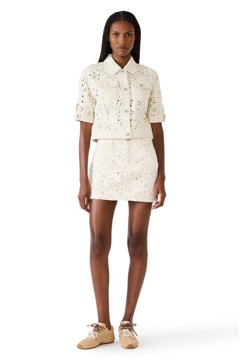 Blu Elbow-Sleeve Cotton Eyelet Jacket, Alternate, color, SEA MIST