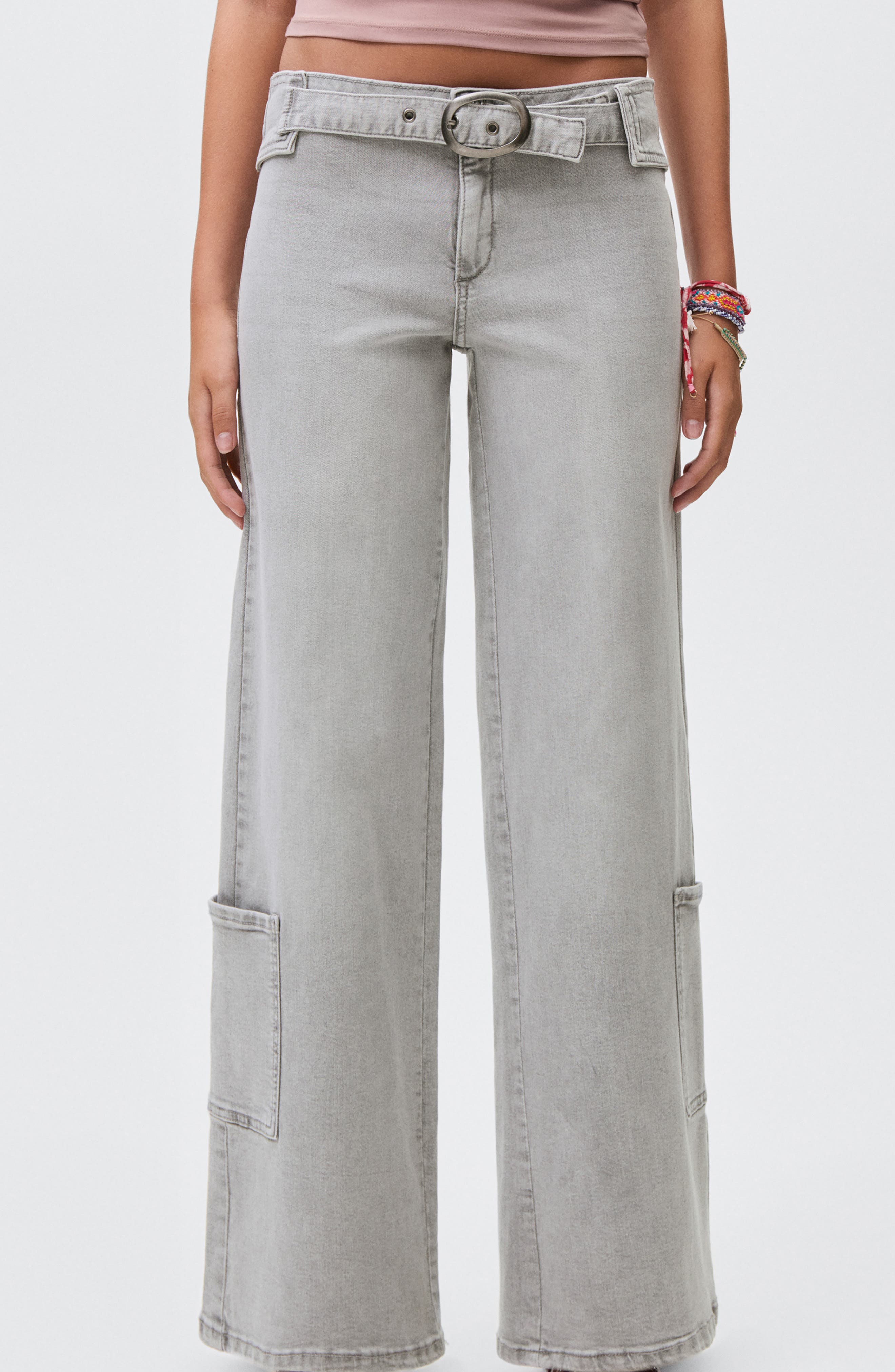 Mango Teen Buckle Low Rise Wide Leg Cargo Jeans In Gray