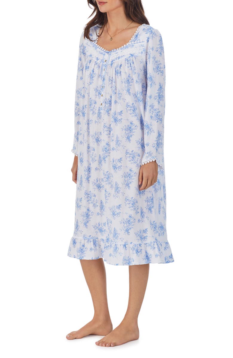 Eileen West Waltz Floral Print Lace Trim Long Sleeve Cotton & Modal Nightgown, Alternate, color, 