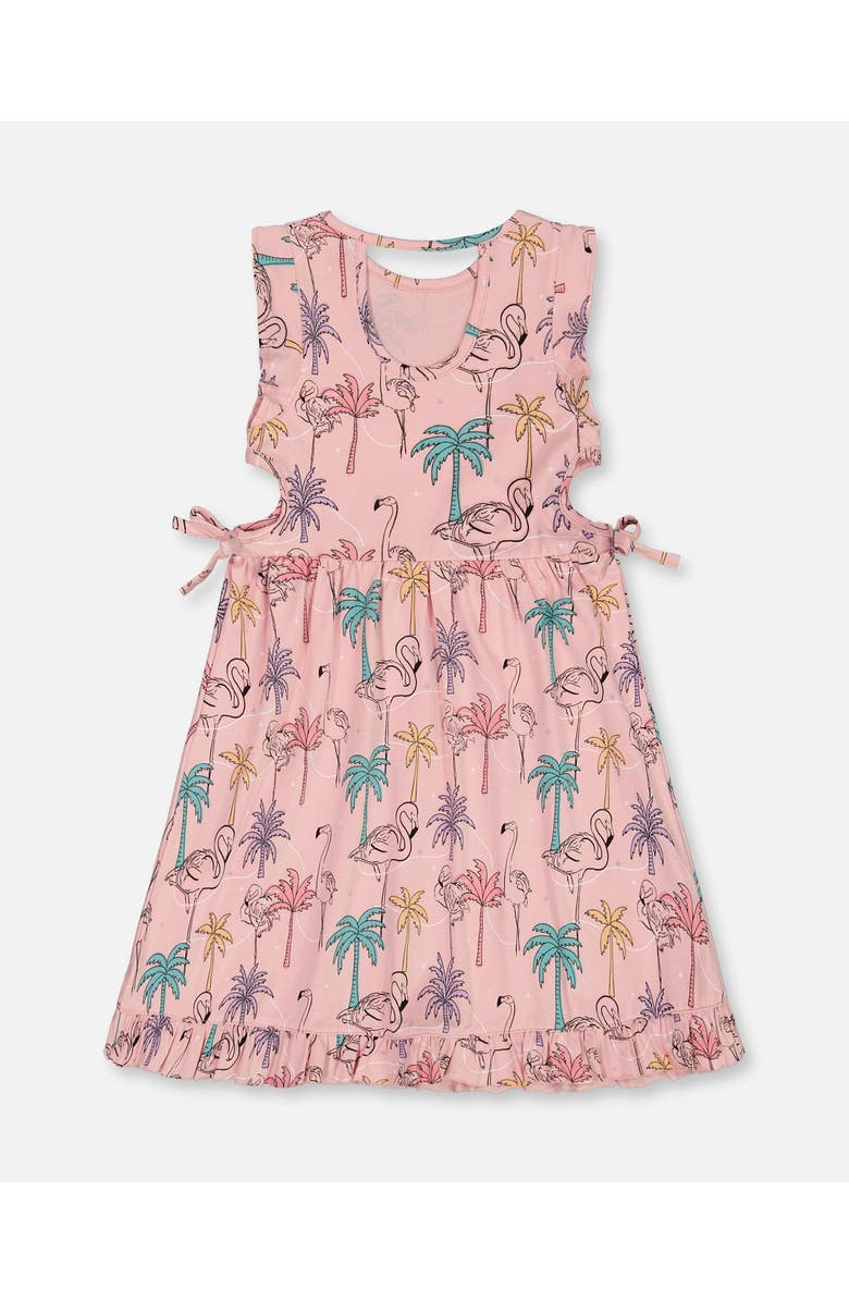 Deux par Deux Girl's Printed Organic Cotton Dress With Cut Outs Palm Trees, Pink Flamingo, And Turquoise, Alternate, color, 