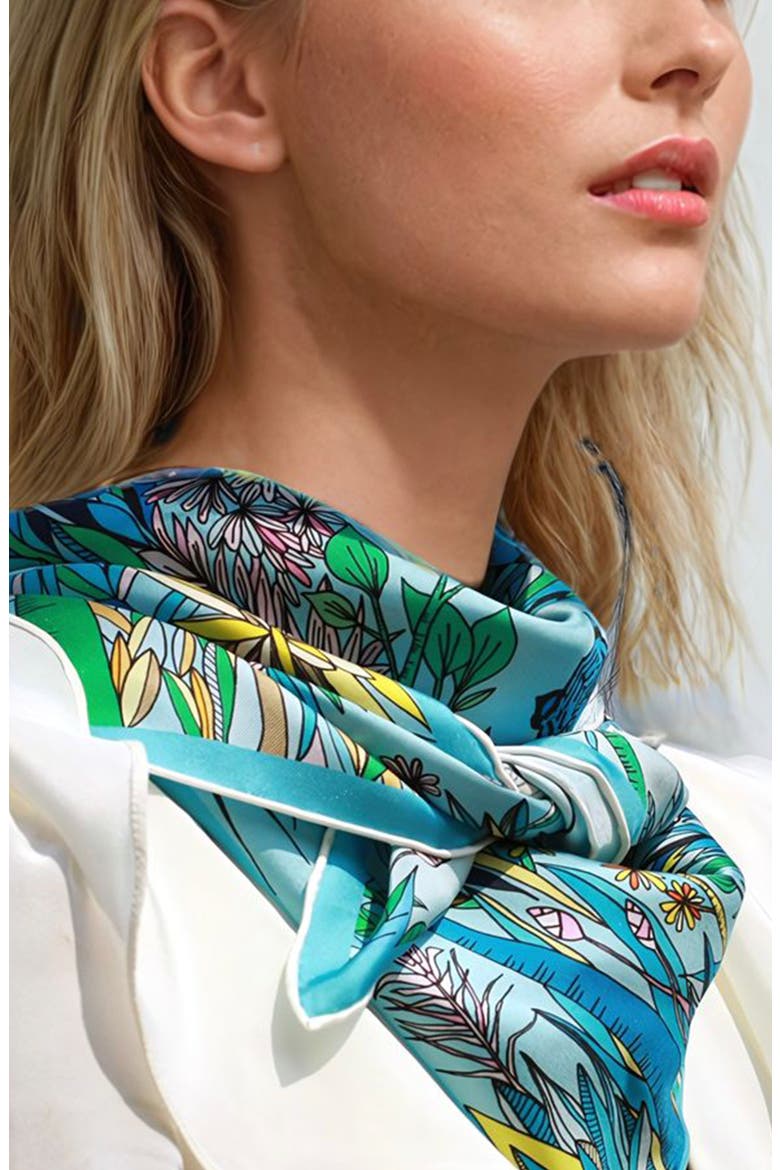 Double Sided Silk Scarf Of Blue Animal Kingdom, Alternate, color, Blue