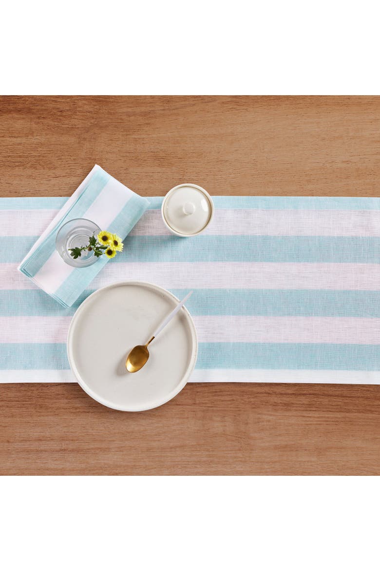 Linen Table Runner - Cabana Stripe, Alternate, color, Aqua and White