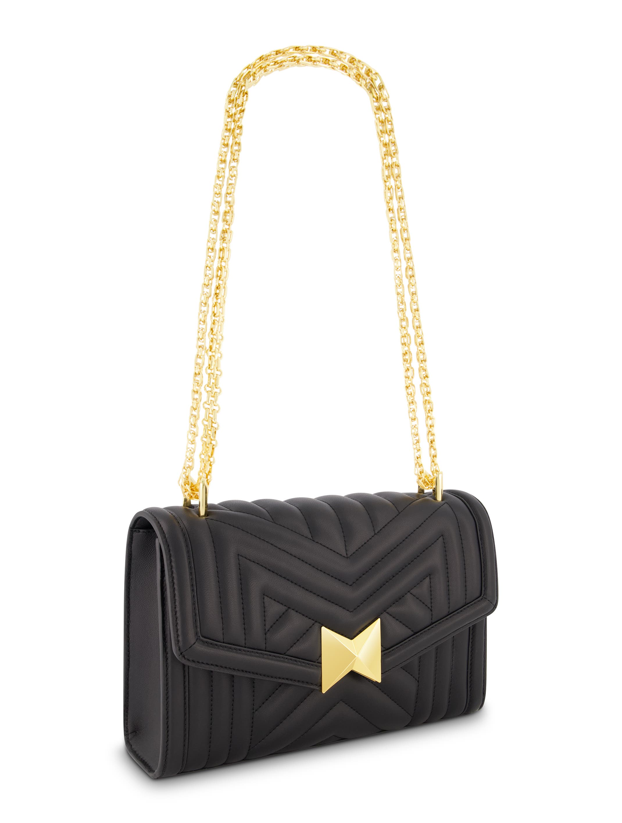 Mac Duggal Gold Chain Quilted Napa Leather Handbag, Alternate, color, Black