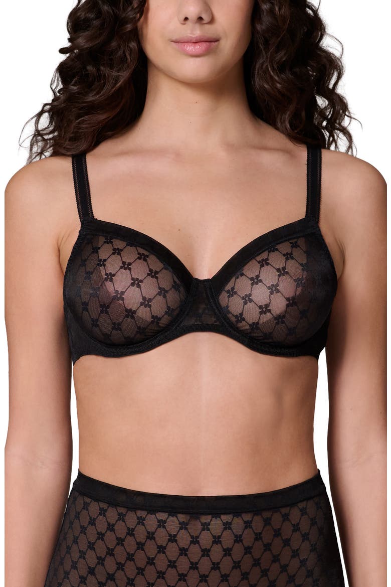 Plume Embroidered Molded Underwire Bra, Main, color, BLACK