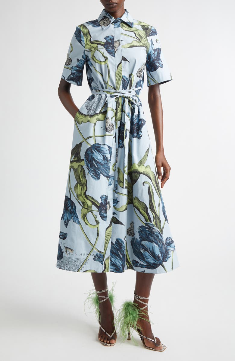 Erdem Etched Tulip Print Organic Cotton Poplin Shirtdress, Main, color, Etched Tulip Powder Blue