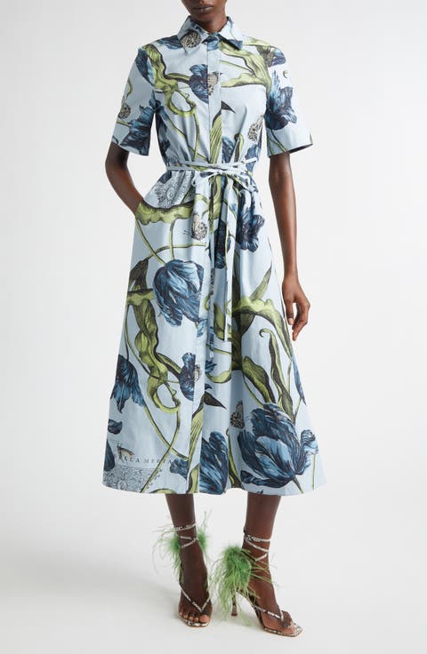 Etched Tulip Print Organic Cotton Poplin Shirtdress