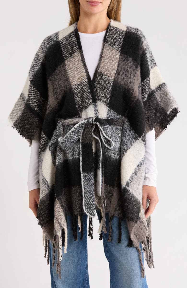 Vince Camuto Brushed Plaid Belted Topper, Main, color, Black Grey