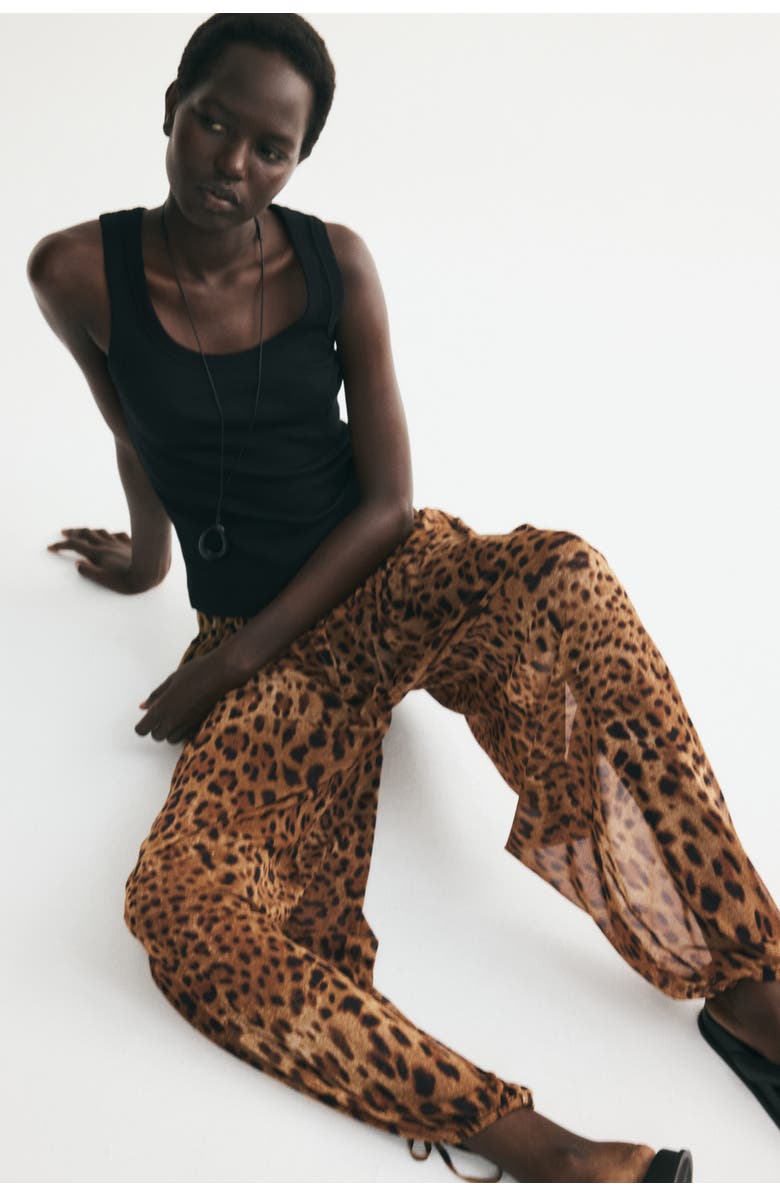 H&M Mesh Balloon Trousers, Alternate, color, Dark Beige/Leopard Print