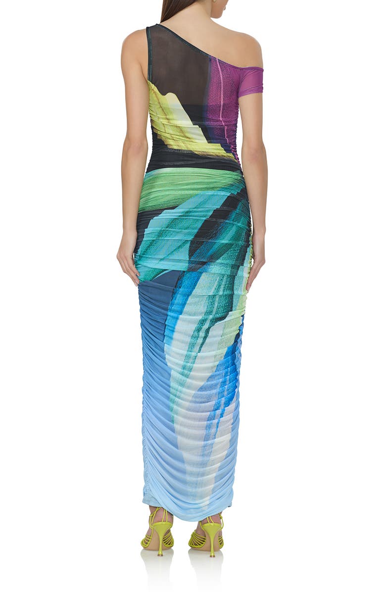 AFRM Biona One-Shoulder Ruched Mesh Maxi Dress, Alternate, color, Black Lotus