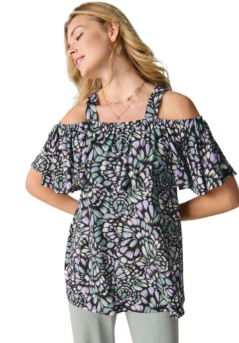 Stretch Knit Cold Shoulder Ruffle Tunic (Plus)