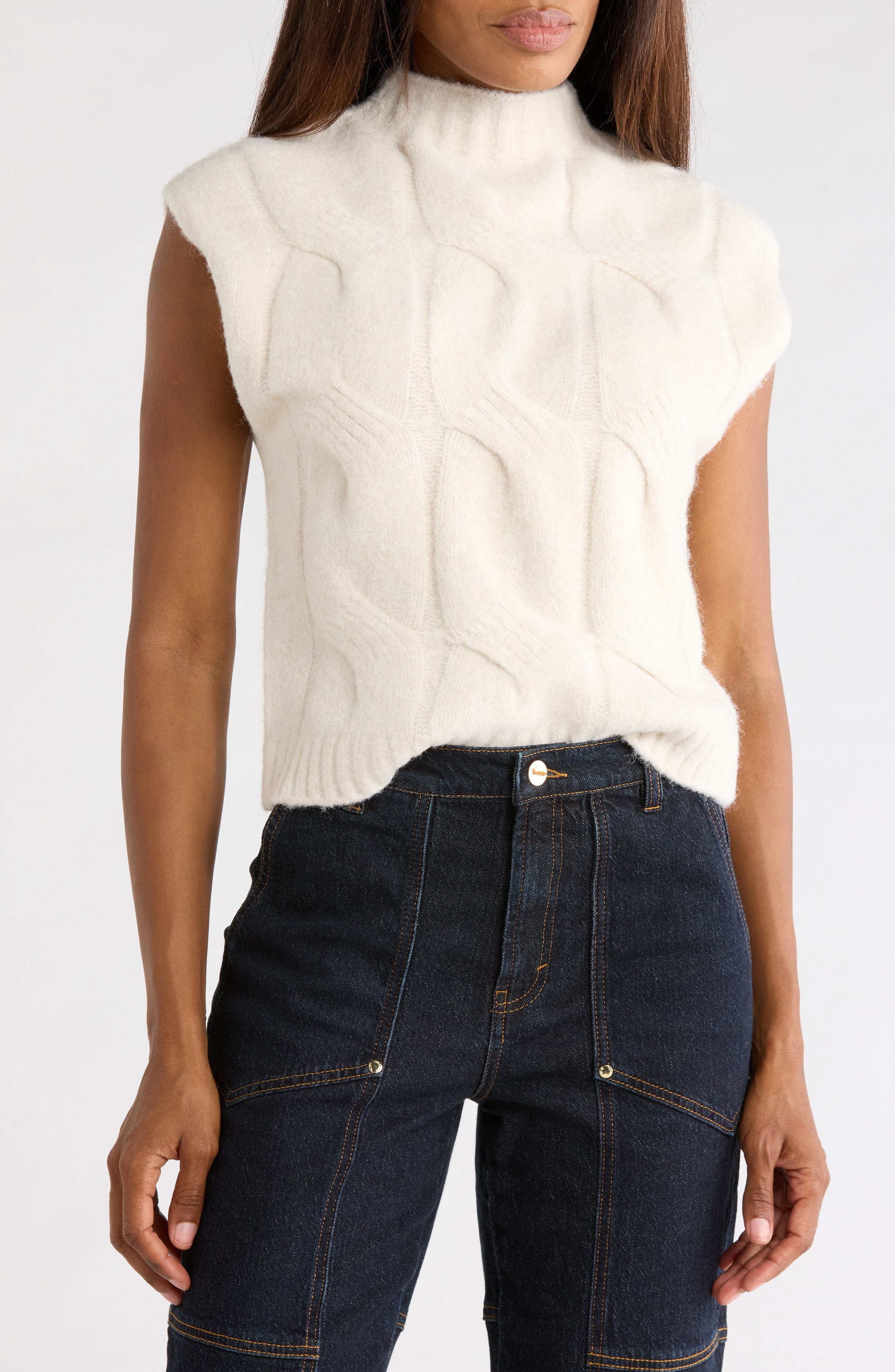 Habitual Cable Stitch Mock Neck Sweater Vest In Turtledove