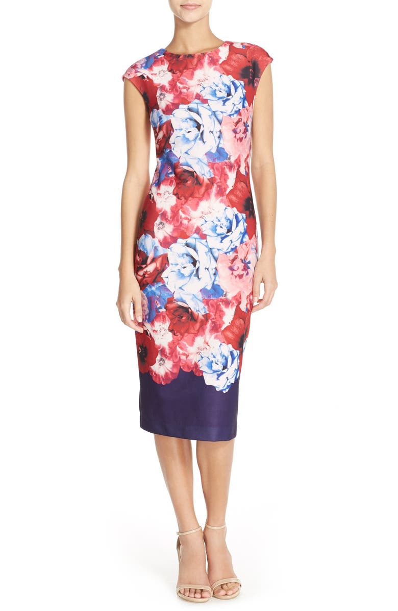 Vince Camuto Floral Print Stretch Midi Dress, Main, color,