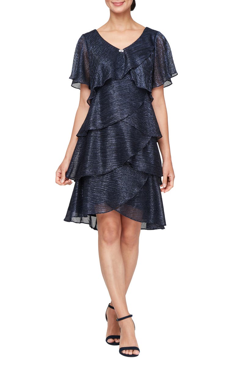SL FASHIONS Tiered Shimmer Metallic Flutter Sleeve Dress, Main, color, Navy