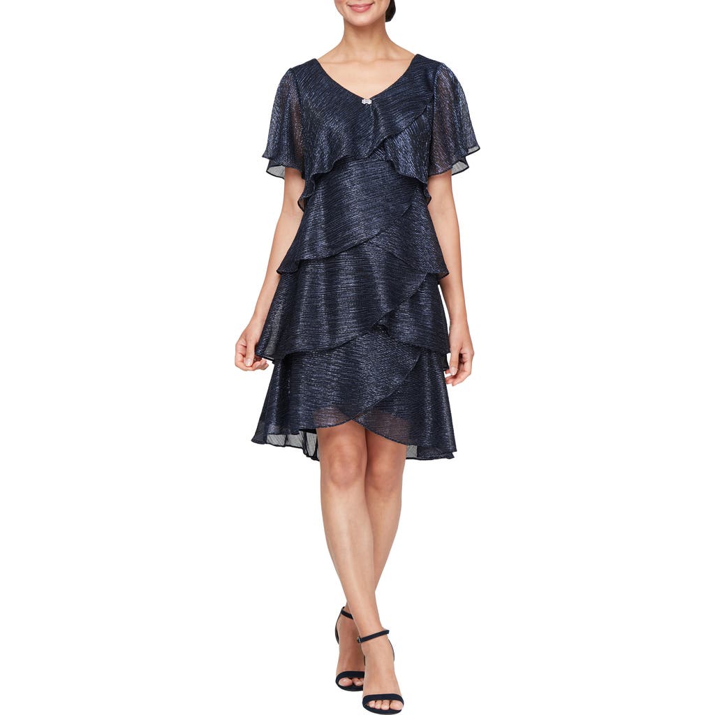 Shop Sl Fashions Tiered Shimmer Metallic Flutter Sleeve Dress In Navy