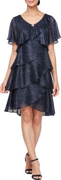 SL FASHIONS Tiered Shimmer Metallic Flutter Sleeve Dress