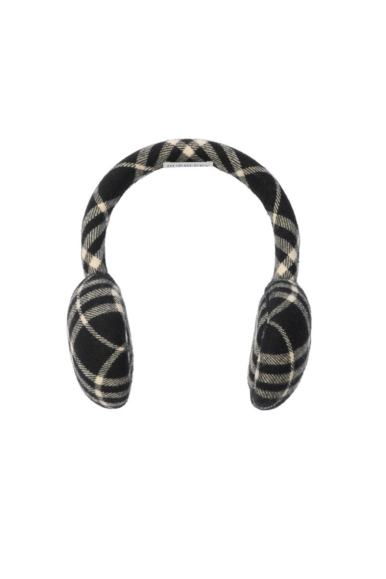 Check Wool Cashmere Earmuffs, Main, color, Black/calico beige