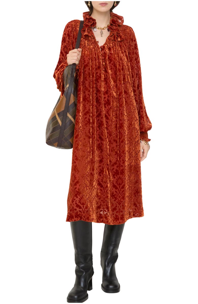 Burberry Baroque Silk Blend Velvet Dress, Main, color, Dragon Red