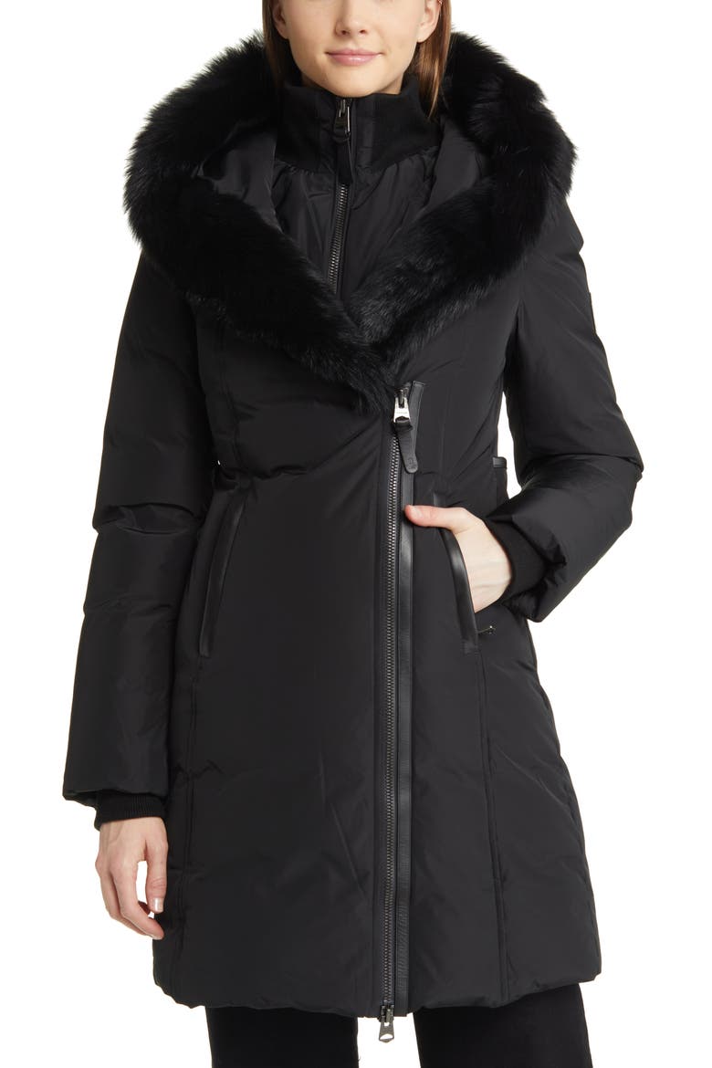 Kay Water Resistant Down Coat with Genuine Shearling Trim, Main, color, BLACK