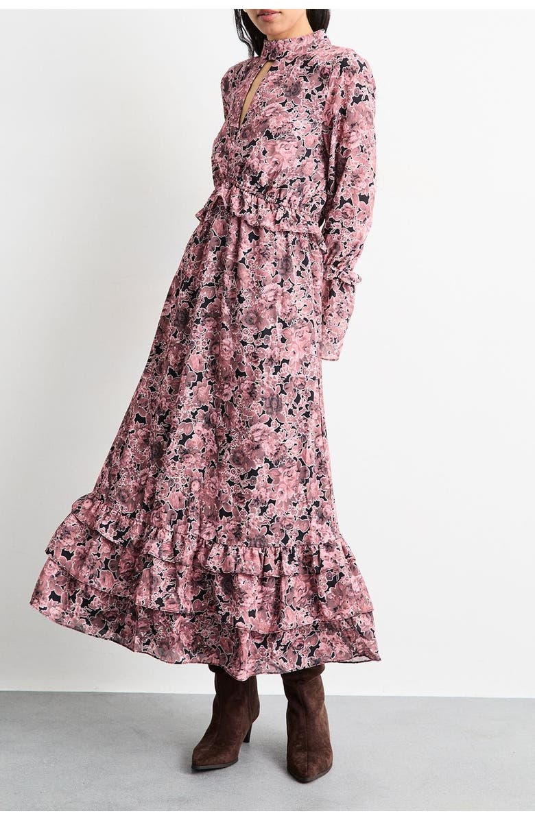 Warehouse Chiffon Shirred High Neck Midi Dress, Alternate, color, Chocolate