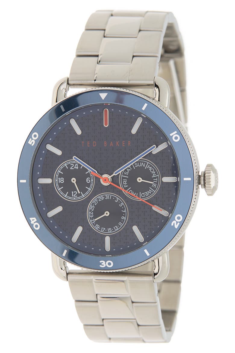 London Margarit Multifunction Bracelet Watch, 46mm, Main, color, SILVER/BLUE/SILVER