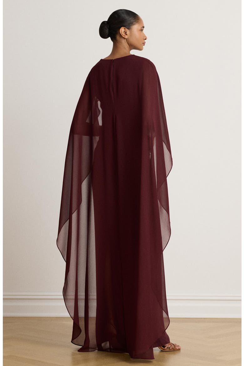 Cape Detail Triple Georgette Gown, Alternate, color, DARK GARNET BURGUNDY