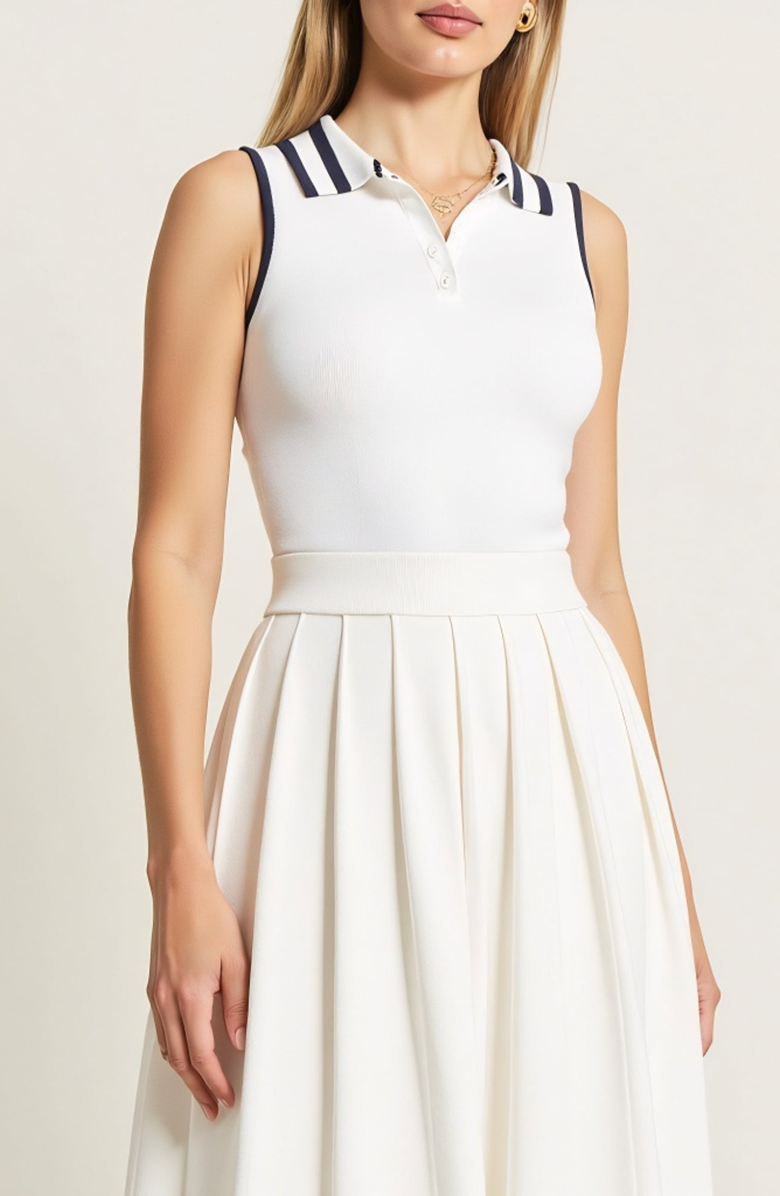 Modenaire Sleeveless Knit Midi Dress with Contrast Collar and Hem Detail, Alternate, color, White