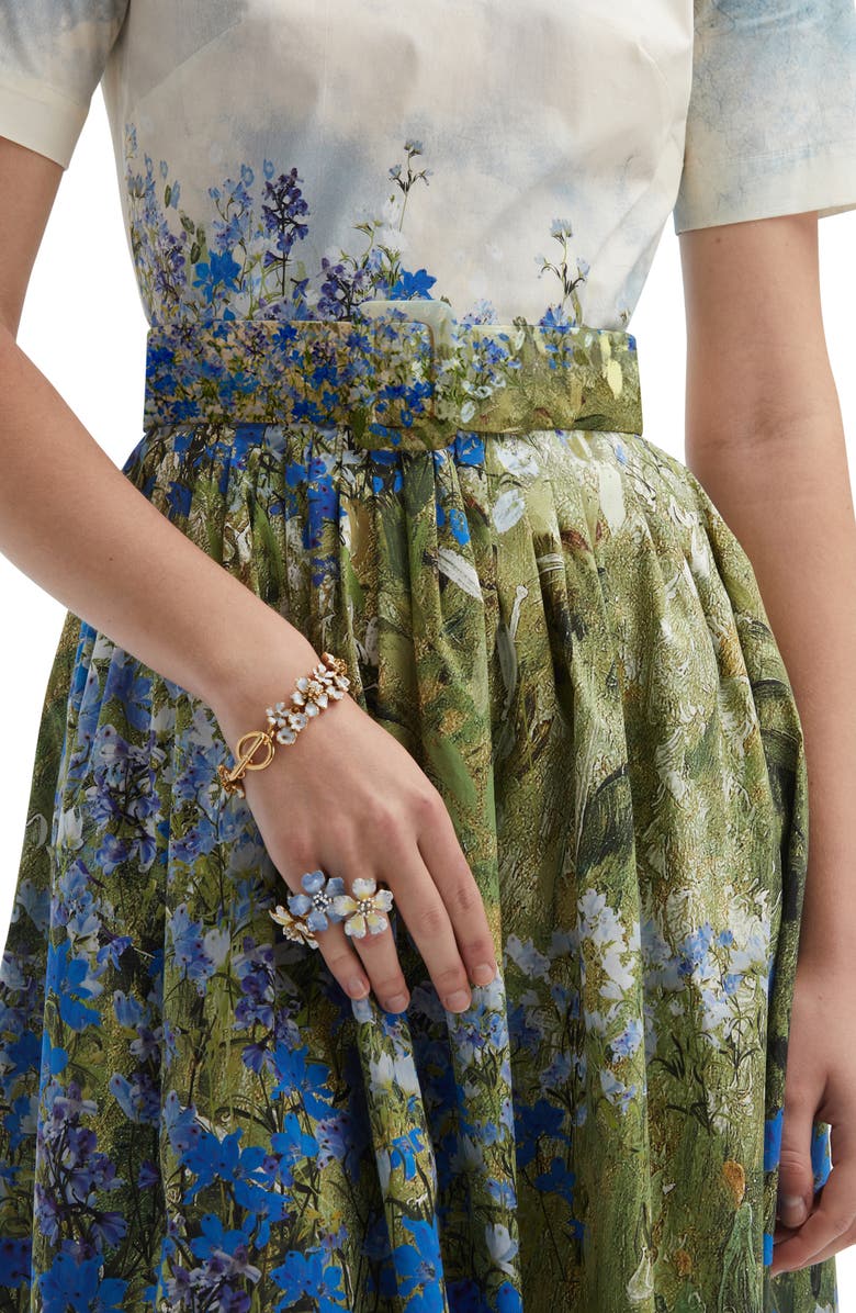 Oscar de la Renta Floral Field Belted Stretch Cotton Dress, Alternate, color, 