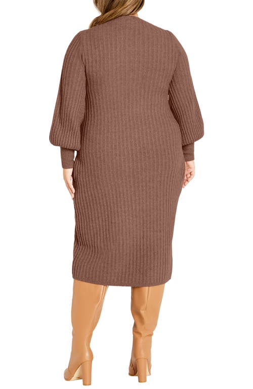 City Chic Saskia Long Sleeve Rib Sweater Dress In Mocha