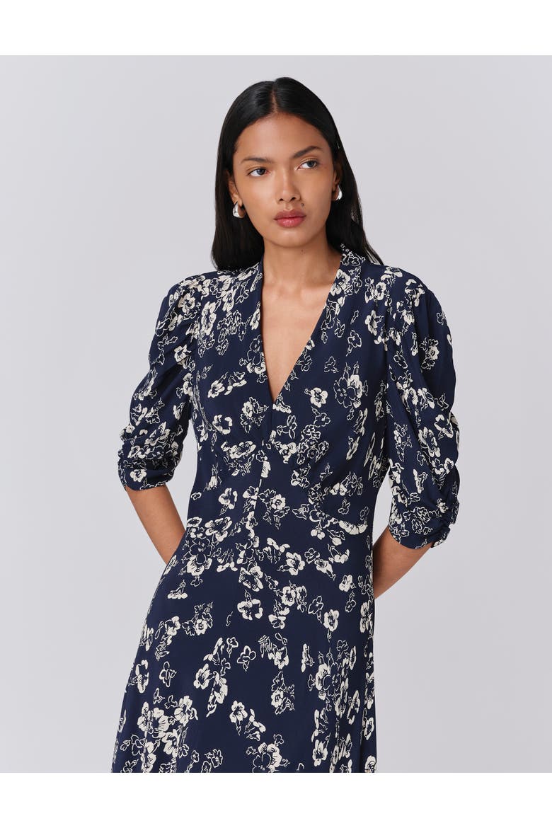 Mia Crepe Floral Midi Tea Dress, Alternate, color, Navy Floral