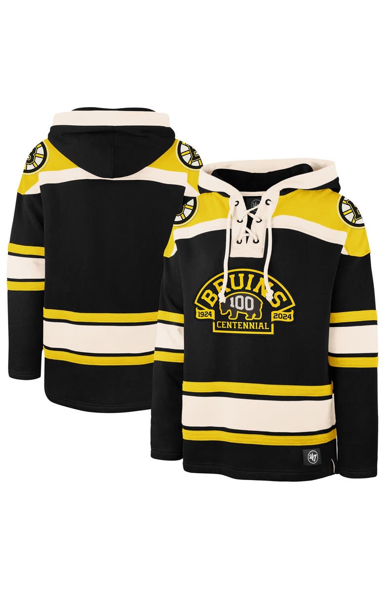 '47 Men's '47 Black Boston Bruins 100th Anniversary Superior Lacer Pullover Hoodie, Main, color, Black