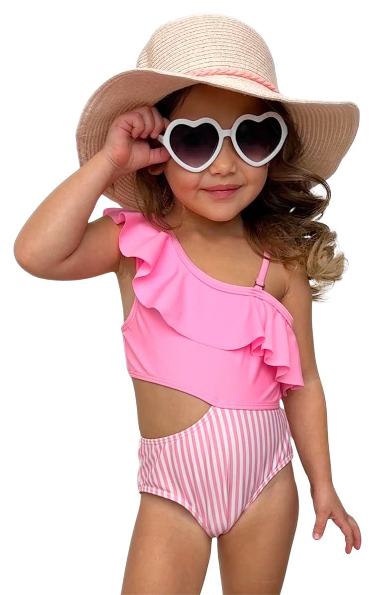 Mia Belle Girls Blush and Splash Pink Ruffle One-Piece Swimsuit, Main, color, Pink