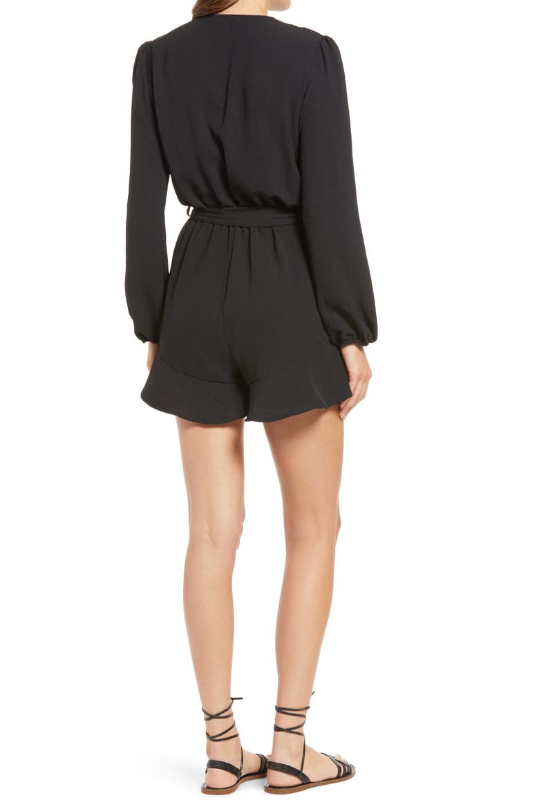 Flaired Tie Waist Long Sleeve Romper, Alternate, color, BLACK