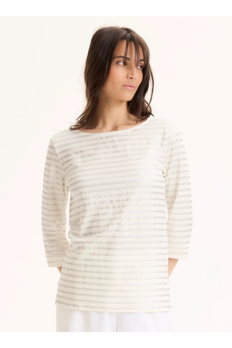 Stretch Linen Metallic Stripe 3/4 Sleeve Boatneck Tee, Alternate, color, SILVER