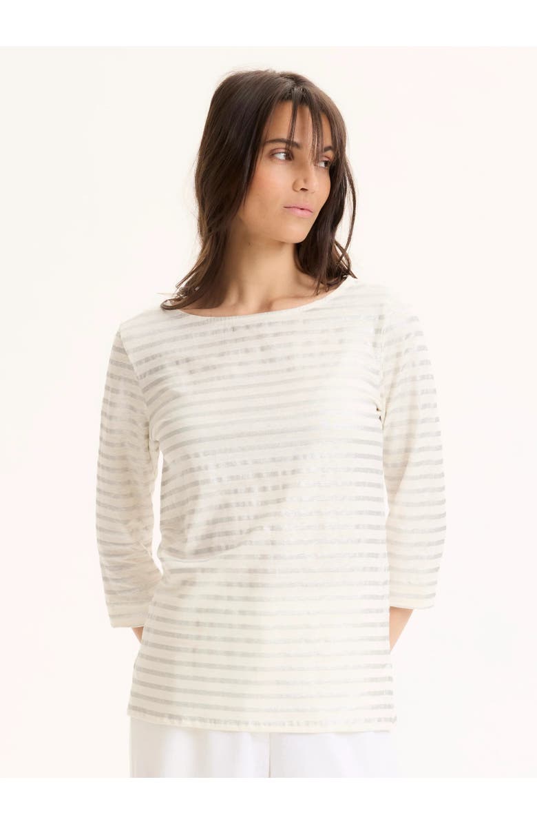 Majestic Filatures Stretch Linen Metallic Stripe 3/4 Sleeve Boatneck Tee, Alternate, color, Silver