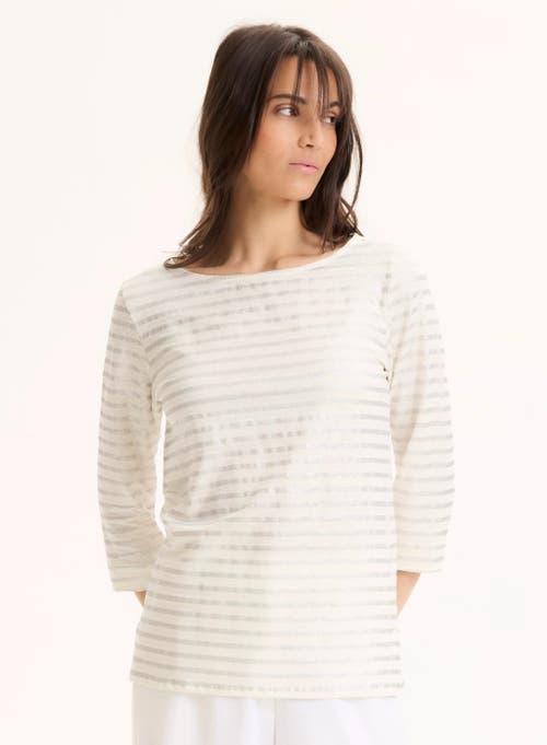 Majestic Filatures Stretch Linen Metallic Stripe 3/4 Sleeve Boatneck Tee In Neutral