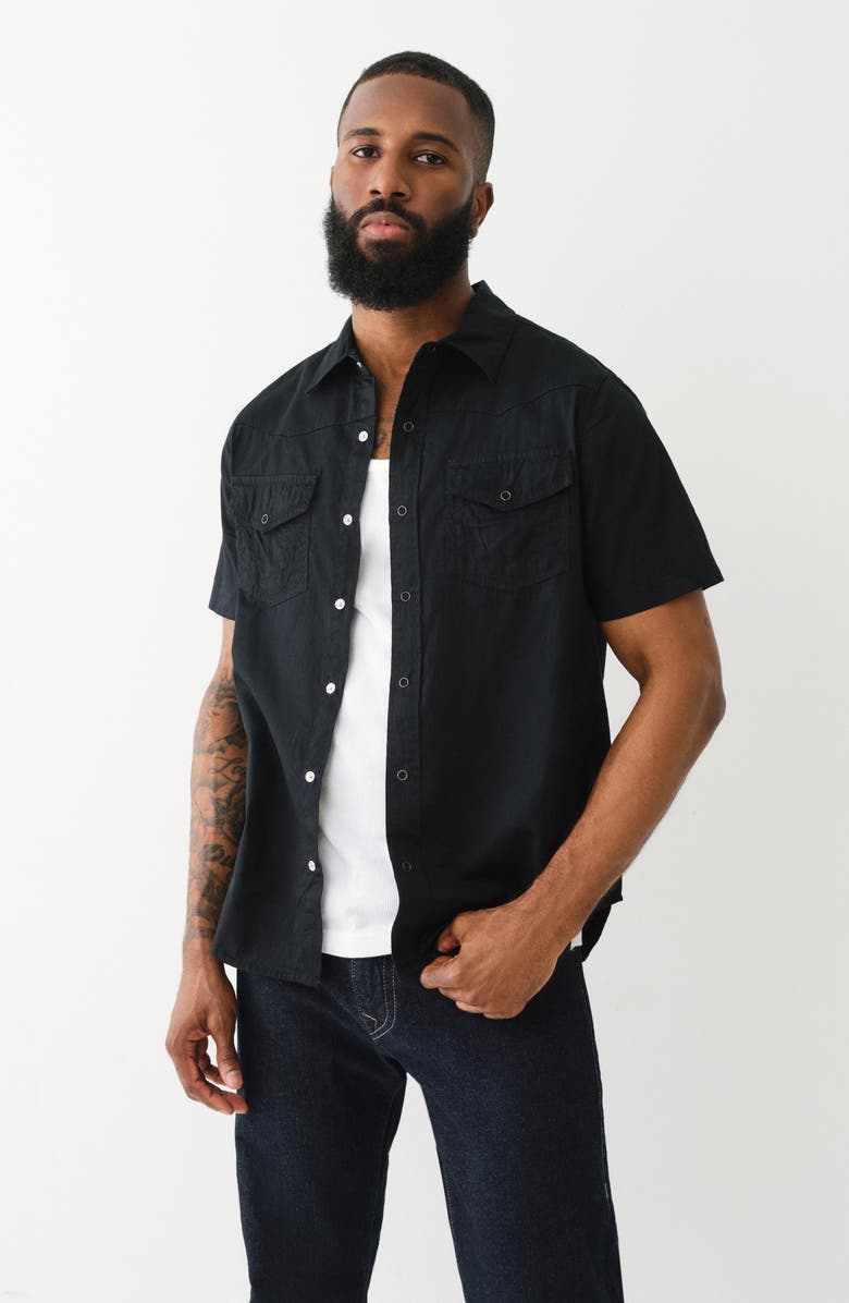True Religion Brand Jeans Short Sleeve Cotton Button-Up Shirt, Alternate, color,
